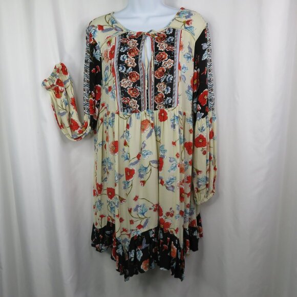 Patrons of Peace Peasant Dress Size L Floral  Boho Flowy Flounce Hem Red Black - Picture 5 of 14